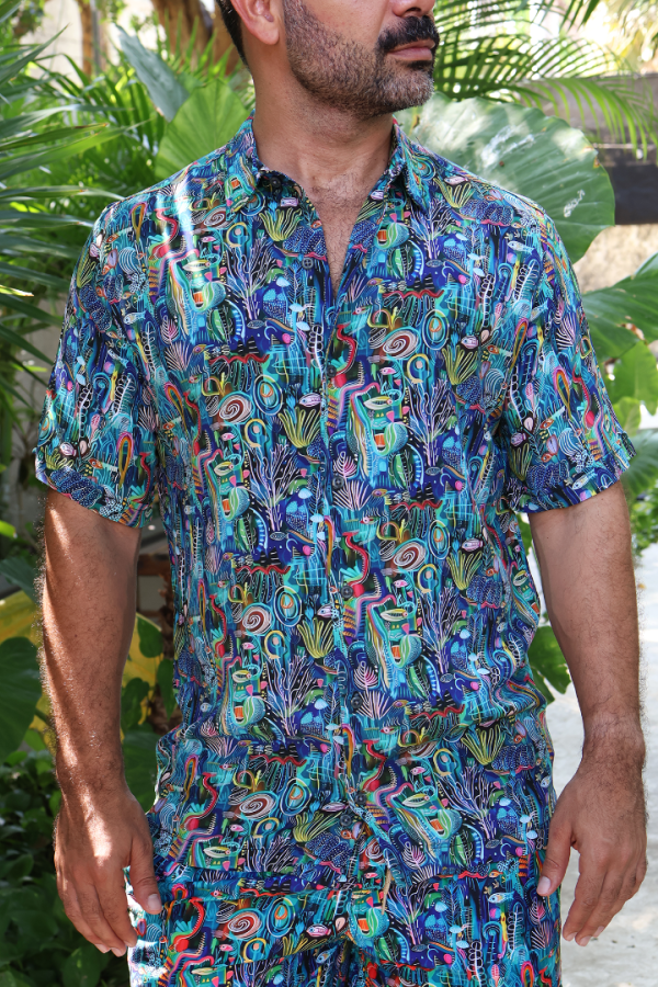 Camisa Manga Corta Estampado Moderno Corte Relax Con Botones Para Hombre
